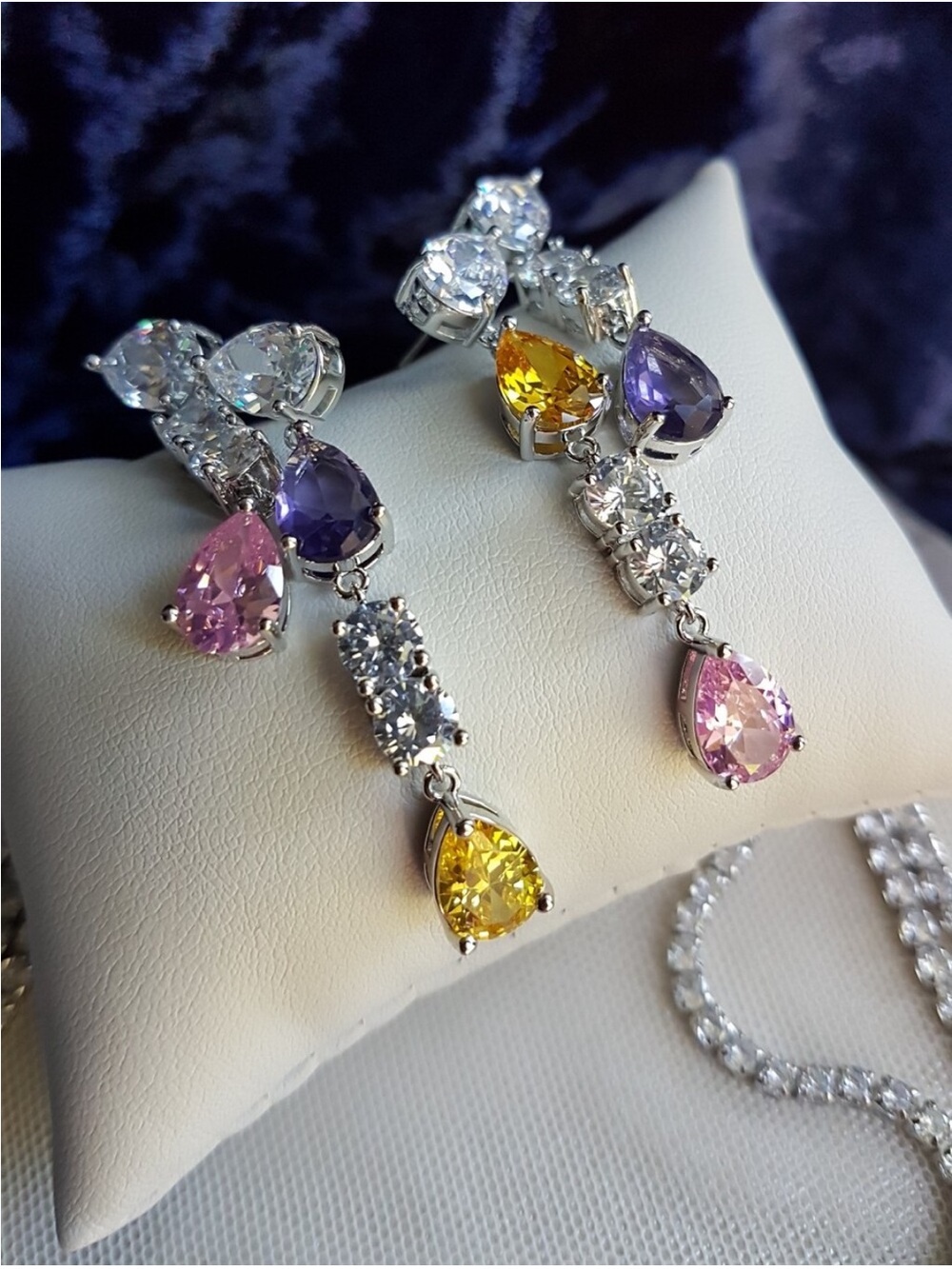 Swarovski Elements Teardrop Pink Purple & Yellow Gem Layered Necklace NEW - Picture 10 of 17